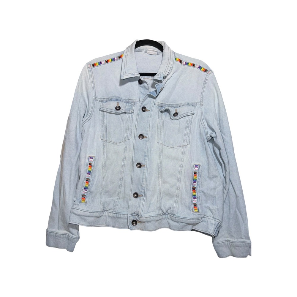 Sonoma Community Women S Light Wash Rainbow Embroidery Trim Denim Trucker Jacket